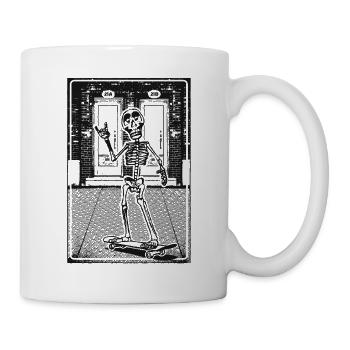 Skeleton with skateboard in front of brick masonry - Mug - white - Right
