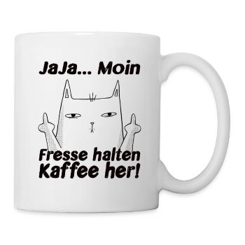 Ja Ja Moin Fresse Halten Kaffee her! Lustige Katze - Tasse - Weiß - Rechts
