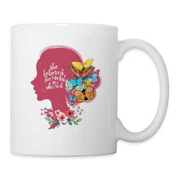 Schmetterling Blume Motivationsspruch Spruch Frau - Tasse - Weiß - Rechts