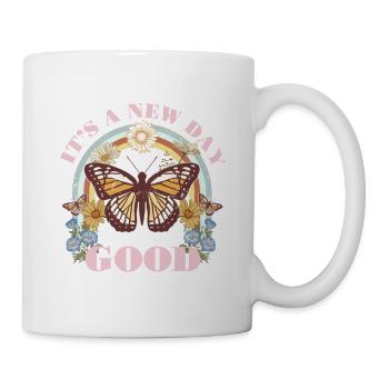 Schmetterling Blume Motivationsspruch Spruch Frau - Tasse - Weiß - Rechts
