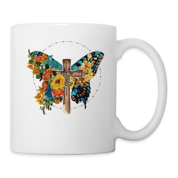 Schmetterling Blume Motivationsspruch Spruch Frau - Tasse - Weiß - Rechts