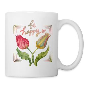 Be-happy, motivation, saying with vintage tulips - Mug - white - Right