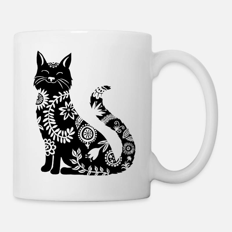 schwarze Katze mit Blumenmuster - Tasse - Weiß
