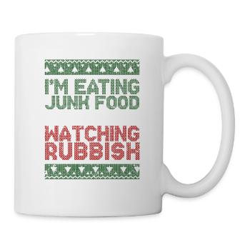 Ich esse Junk Food und schaue einen miesen - Tasse - Weiß - Rechts