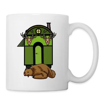 Bauwagen Hütte Wald Braunbär Jäger Jagt Wildtiere - Tasse - Weiß - Rechts