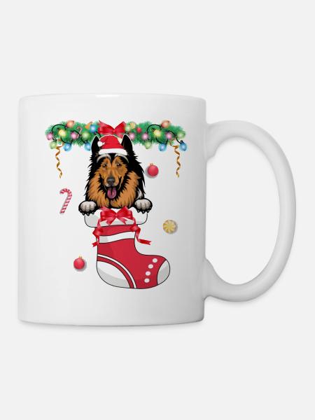 Funny Xmas - Søt Collie-hund i julestrømpe - Kopp - hvit