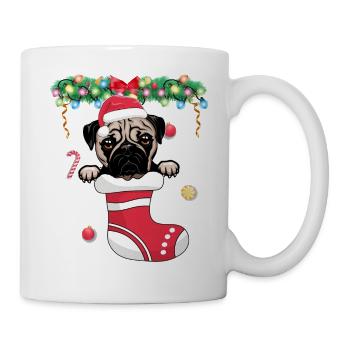 Funny Xmas - Süßer Mopshund im Weihnachtsstrumpf - Tasse - Weiß - Rechts