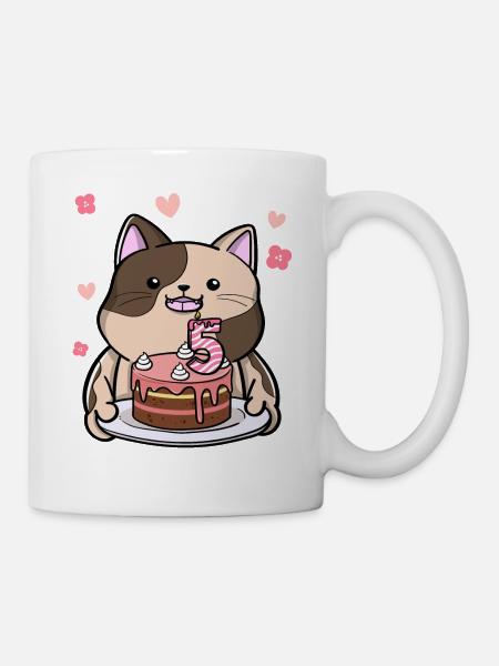 Le chat potelé garde un gâteau d’anniversaire 5. - Mug blanc - blanc
