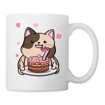 Un chat potelé tient un gâteau d’anniversaire 7. - Mug blanc - blanc - Droite