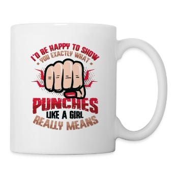 Show what "punches like a girl" means: - Mug - white - Right