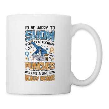 Show what "punches like a girl" means: - Mug - white - Right