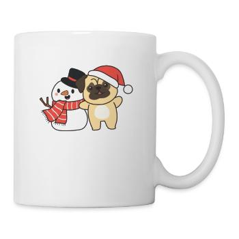 Mops mit Schneemann im Winter zu Weihnachten - Tasse - Weiß - Rechts
