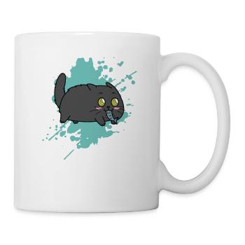 Katze mit Fisch im Maul im Kawaii Stil Tier - Tasse - Weiß - Rechts