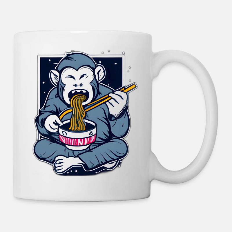 Happy Monkey Enjoys Ramen Noodles Design - Mug - white