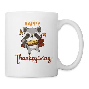 thanksgiving day outfits turkey raccoon with pie - Mug - white - Right