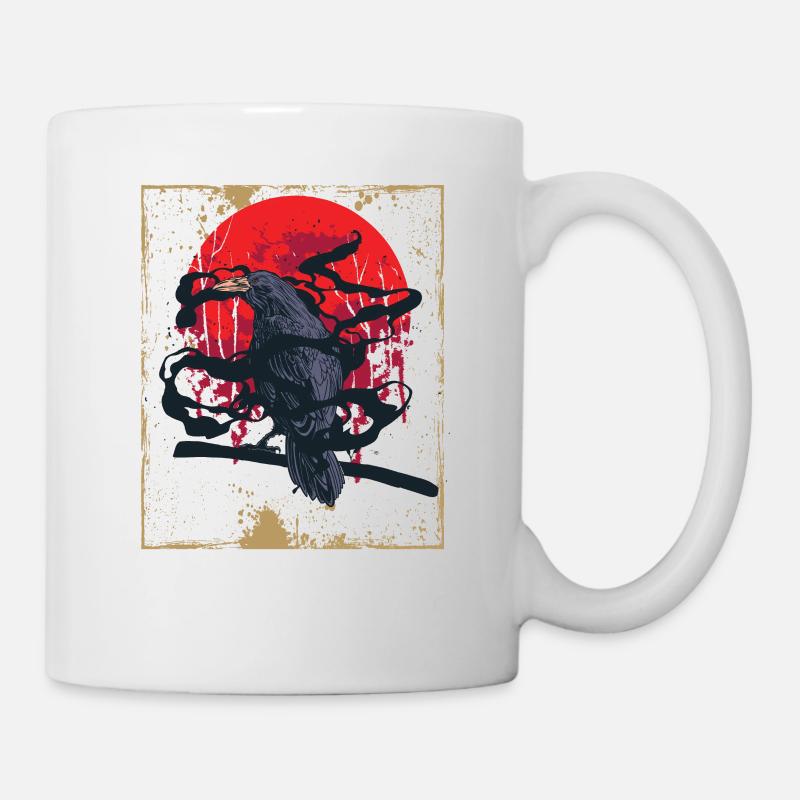 Gotischer Schädel-roter Mond-schwarze Krähe - Tasse - Weiß