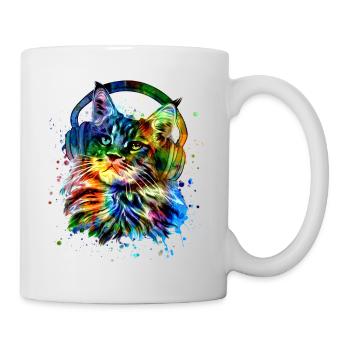 Katze mit Kopfhörer Aquarell Kunst - Tasse - Weiß - Rechts