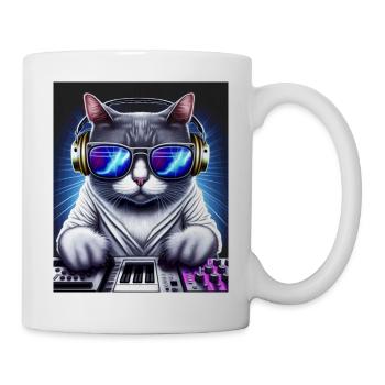 Cat DJ mit Kopfhörern und Brille auf Synthetizer - Tasse - Weiß - Rechts