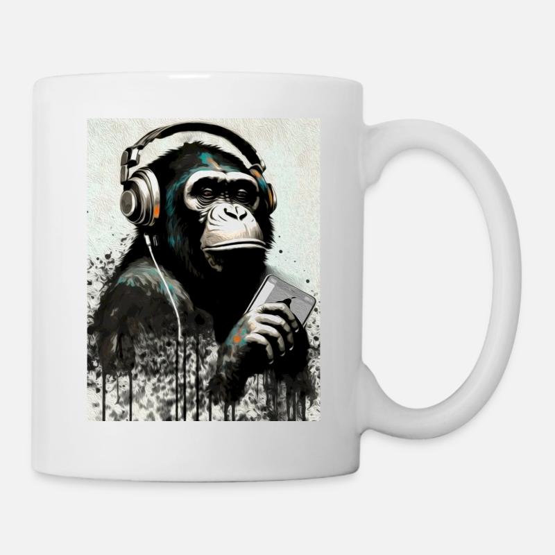 Chimpanzé avec écouteurs Smarphone - Mug blanc - blanc