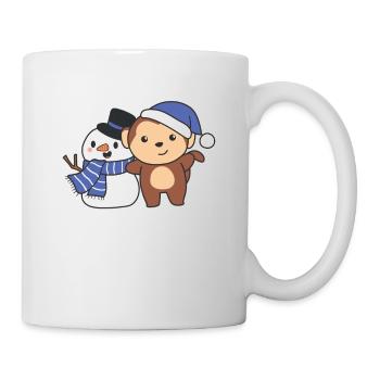 Singe avec bonhomme de neige en hiver pour Noël - Mug blanc - blanc - Droite