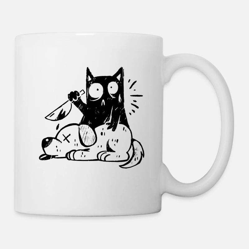 Mörderische Schwarze Katze mit Messer und Hund - Tasse - Weiß