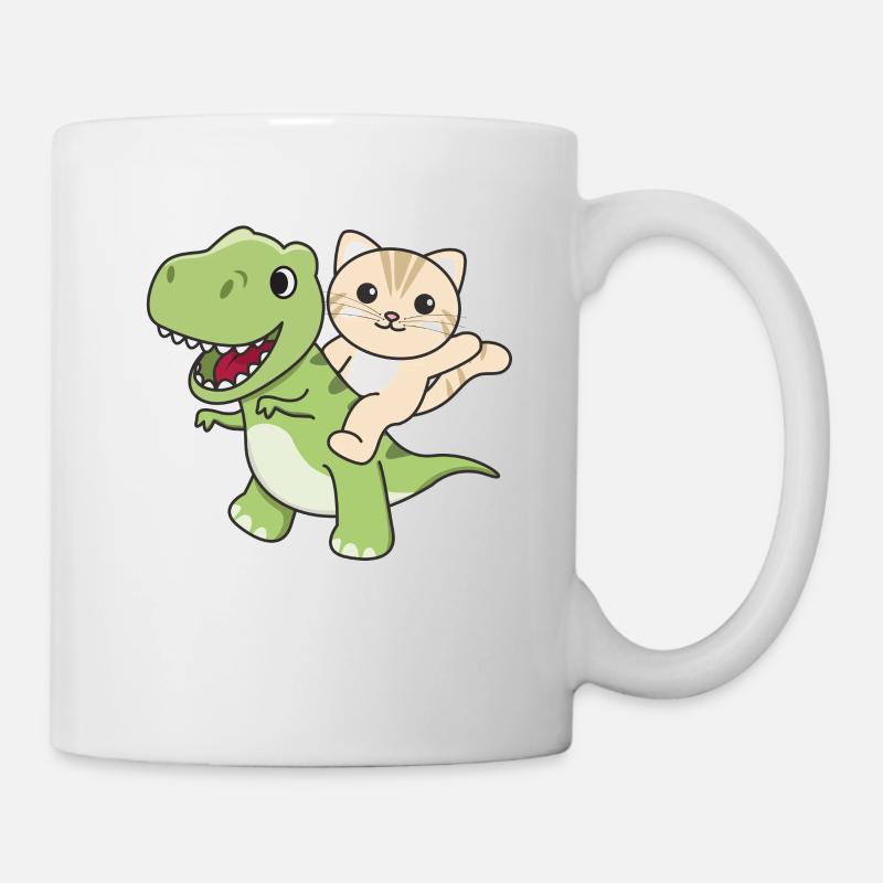 Katze reitet auf T-Rex süßer Dino mit Katzen - Tasse - Weiß