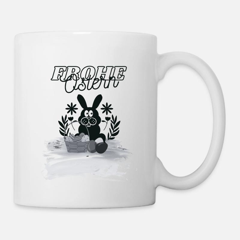Frohe Ostern Hase mit Korb voll Eier schwarz/weiß - Tasse - Weiß