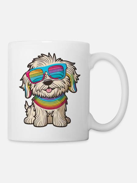 Kawaii Süßer glücklicher bunter Hund mit Sonnenbrille - Tasse - Weiß