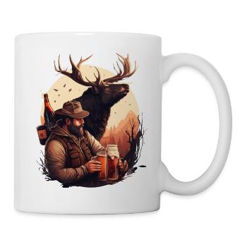 Jäger mit Bier im Wald bei Sonnenuntergang - Tasse - Weiß - Rechts