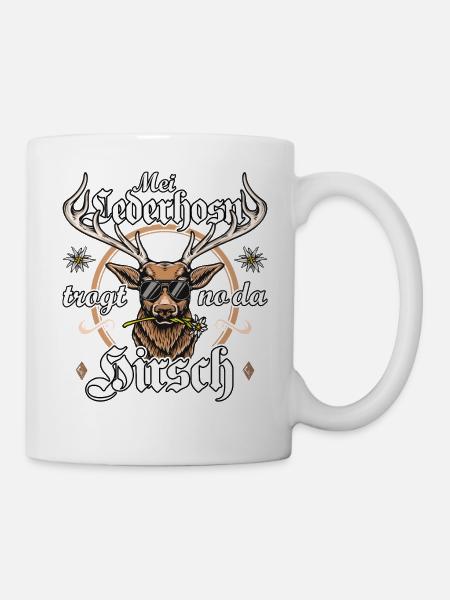 Trachtenshirt Herren Trachten T-Shirt Lederhose - Tasse - Weiß