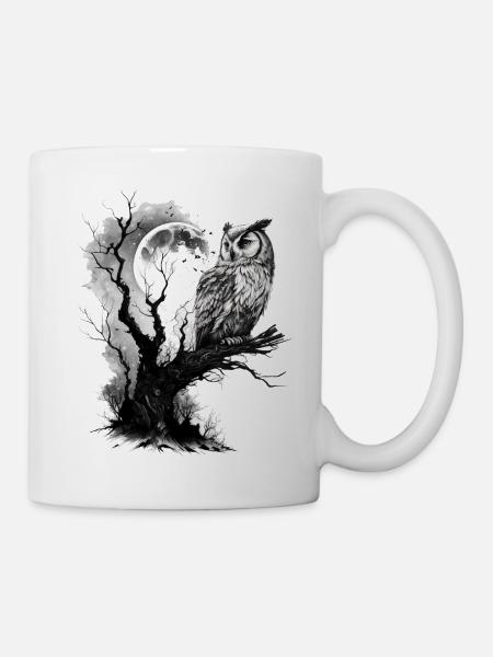 Eule Mond Natur Tier Zeichnung Geschenk Eulenmotiv - Tasse - Weiß