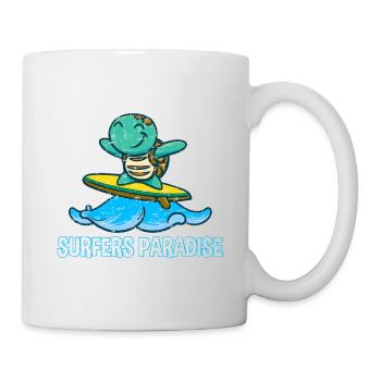 Cute kawaii turtle on surfboard with surfers - Mug - white - Right