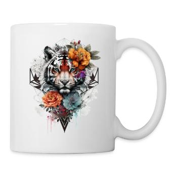 Tiger Blumen Mandala Kunst Geschenk Blaue Augen - Tasse - Weiß - Rechts