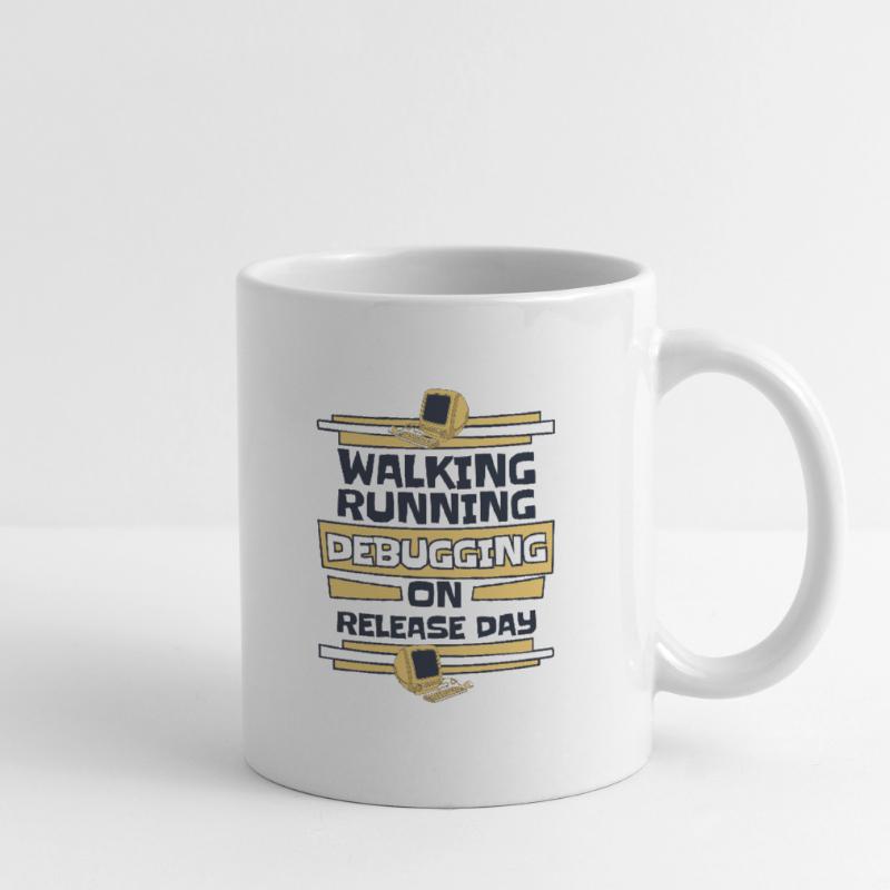 Walking Running Debugging Release Day Coder Mug blanc