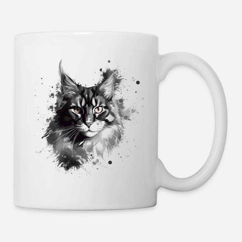 Maine Coon Katze in Schwarz-Weiß Abstrakte Kunst - Tasse - Weiß