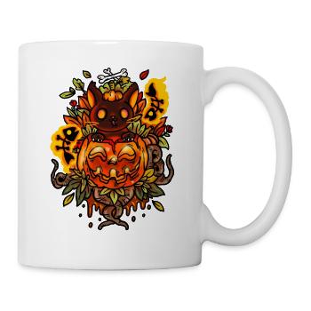 Cat from creepy Halloween pumpkin with ghosts - Mug - white - Right