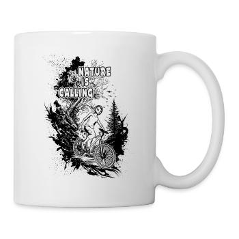 "Nature is calling": Biker on the road through the backdrop of trees - Mug - white - Right