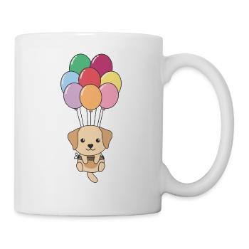Labrador flies upwards with colorful balloons - Mug - white - Right