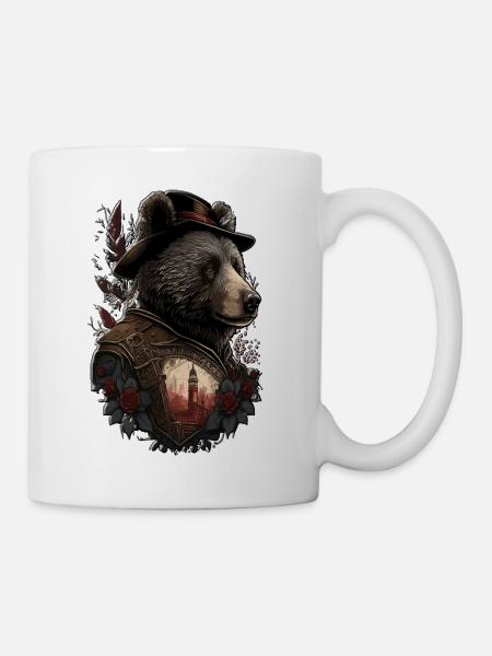 Mysterious Bear Bear with Hat Rose Feather - Mug - white