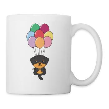 Rottweiler flies to the top with colorful balloons - Mug - white - Right
