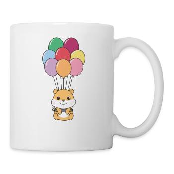 Hamster flies upwards with colorful balloons - Mug - white - Right