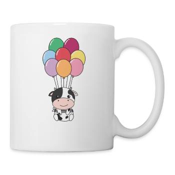 Cow flies upwards with colorful balloons - Mug - white - Right