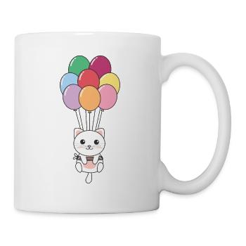 Cat flies upwards with colorful balloons - Mug - white - Right
