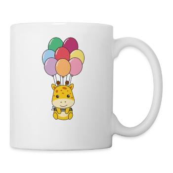 Giraffe flies upwards with colorful balloons - Mug - white - Right