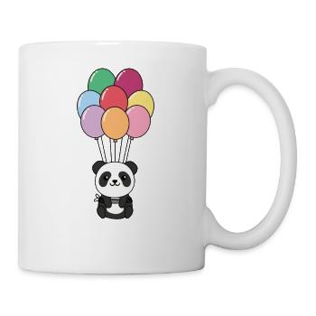 Panda flies upwards with colorful balloons - Mug - white - Right