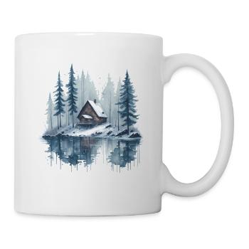 Aquarelle Paysage enneigé avec cabane au bord du lac - Mug blanc - blanc - Droite