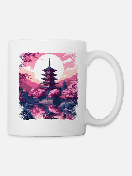 Kirschblüten-Sakura-Baum in einem Vaporwave-Tempel - Tasse - Weiß