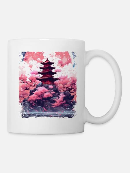 Cherry Blossom Tree in a Temple Sakura Vaporwave - Mug - white