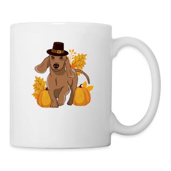 Pilgrim Dackel Kürbis Blätter Thanksgiving - Tasse - Weiß - Rechts