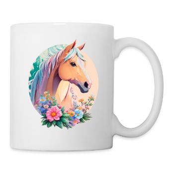 Pastell Farben Pony Pferd Kunst mit Blumen - Tasse - Weiß - Rechts
